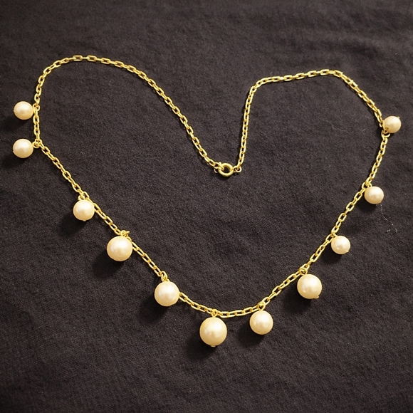 Jewelry - Gold Tone Pearl Station Necklace Cream Bead Dangle Necklace